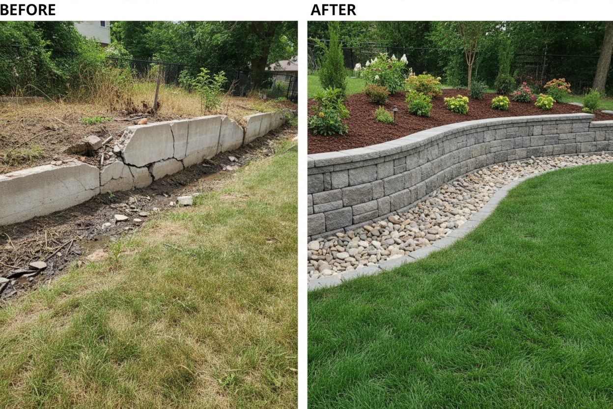 A side-by-side comparison shows a crumbling concrete retaining wall replaced by a new, professionally installed stone wall with fresh landscaping and a rock drainage bed.